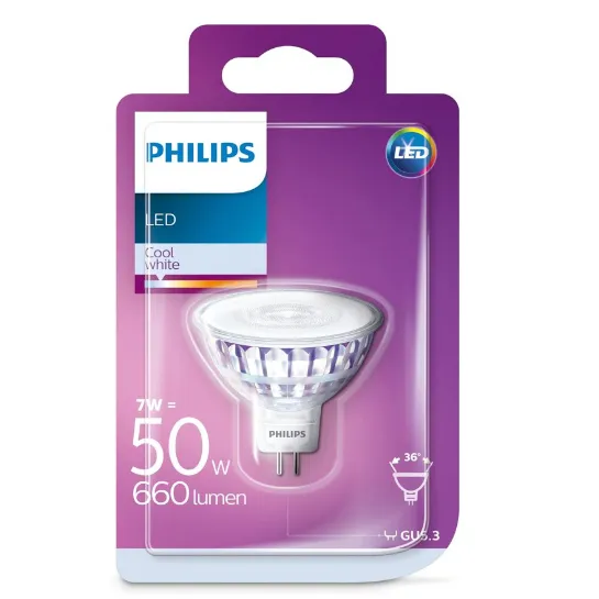 2X PHILIPS GU5.3 LEDSPOT GLAS KOEL WIT 7W (50W)